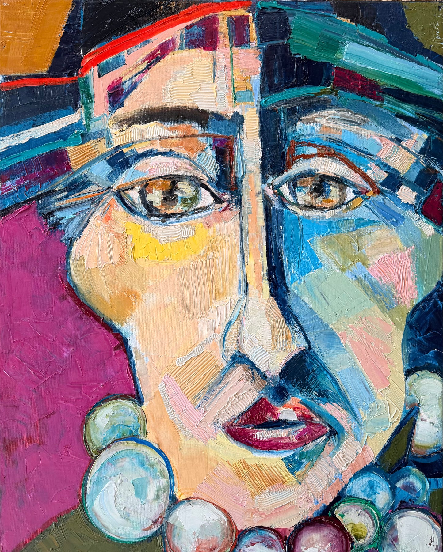 “She kept all her conflicts under the same hat and accessorized with potential weaponry”, Painting by Jayne Jackson