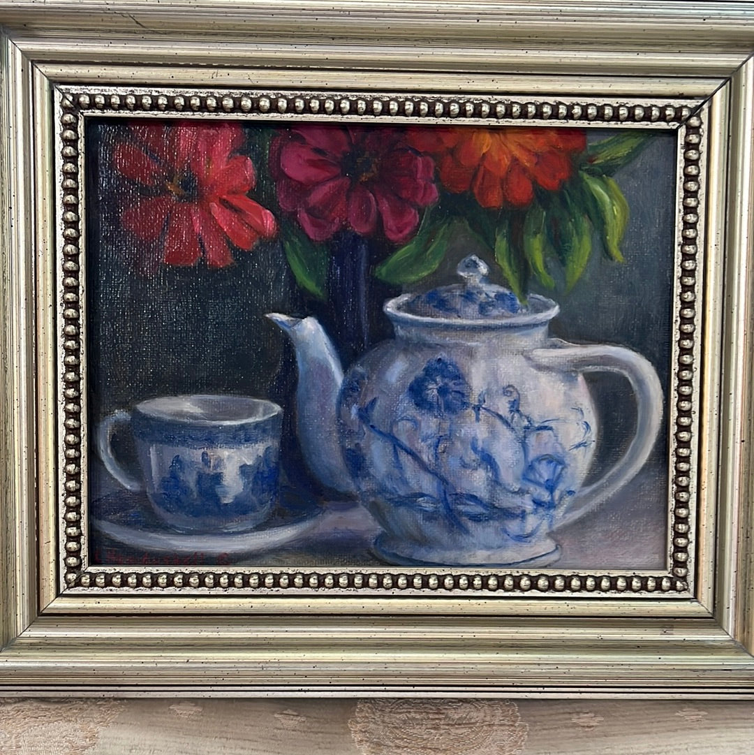 Zinnias with Blue and White by Carol Howdyshell