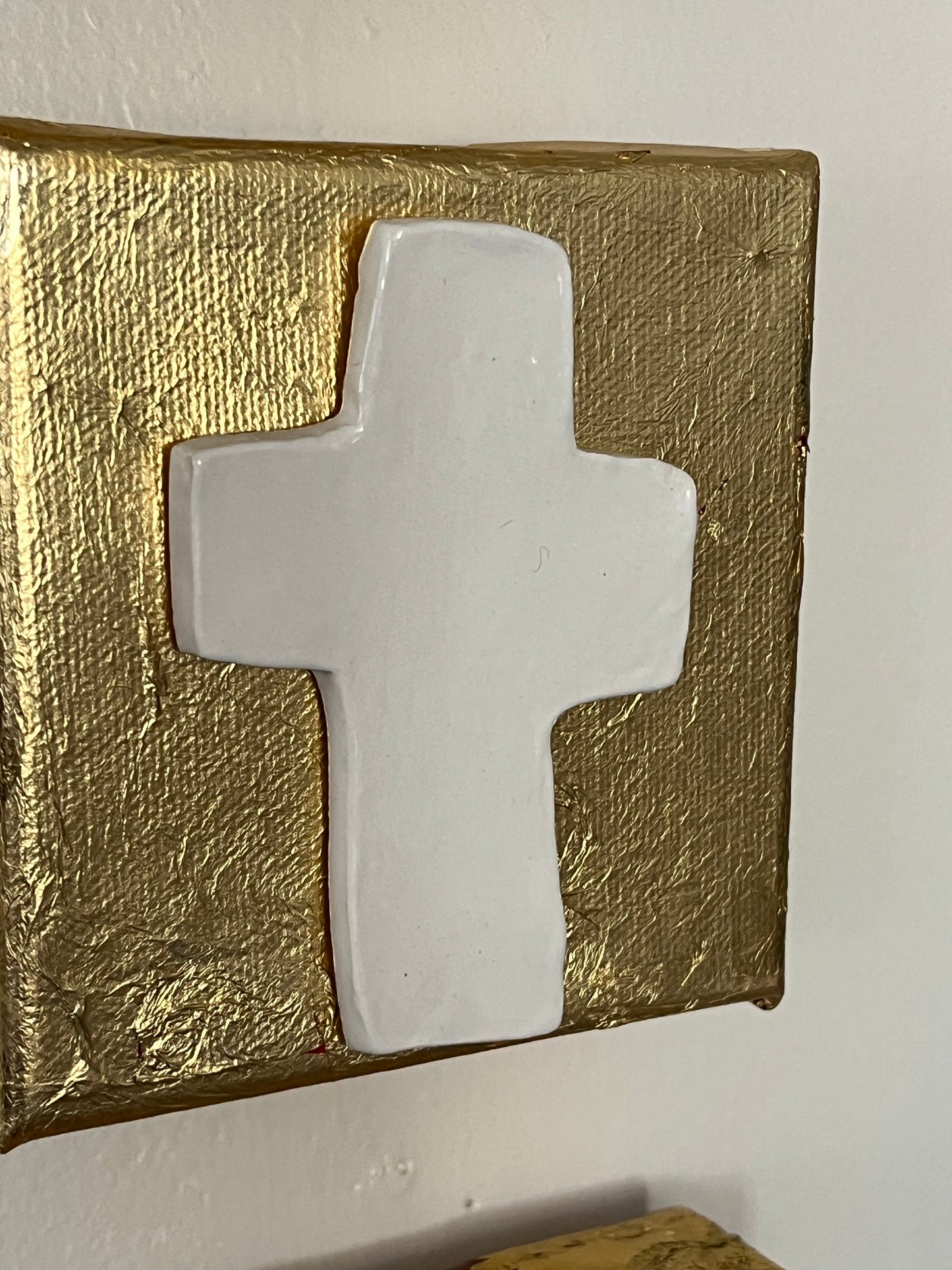 Gold Canvas with Pottery Cross by Rebecca Hudson