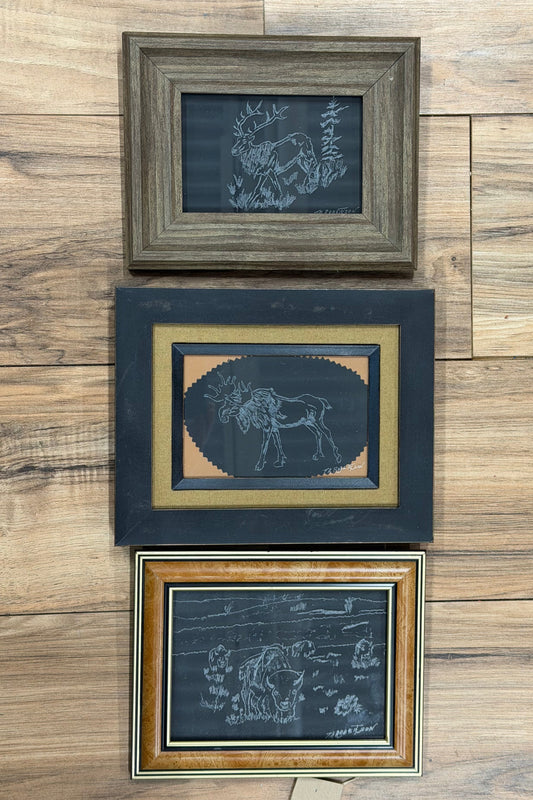 Etched Glass TR Framed Moose,Deer,Buffalo