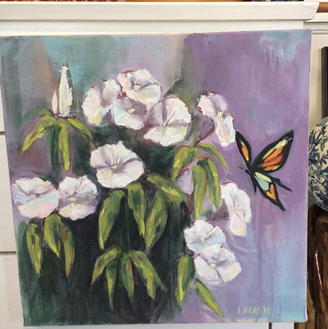 White Flowers and Butterfly by Leslie Beattie