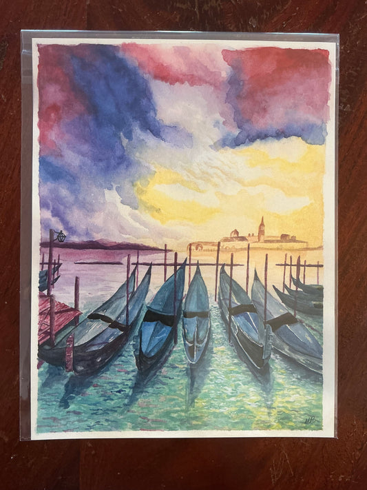 Rainbow Boats Watercolor Print 9x12