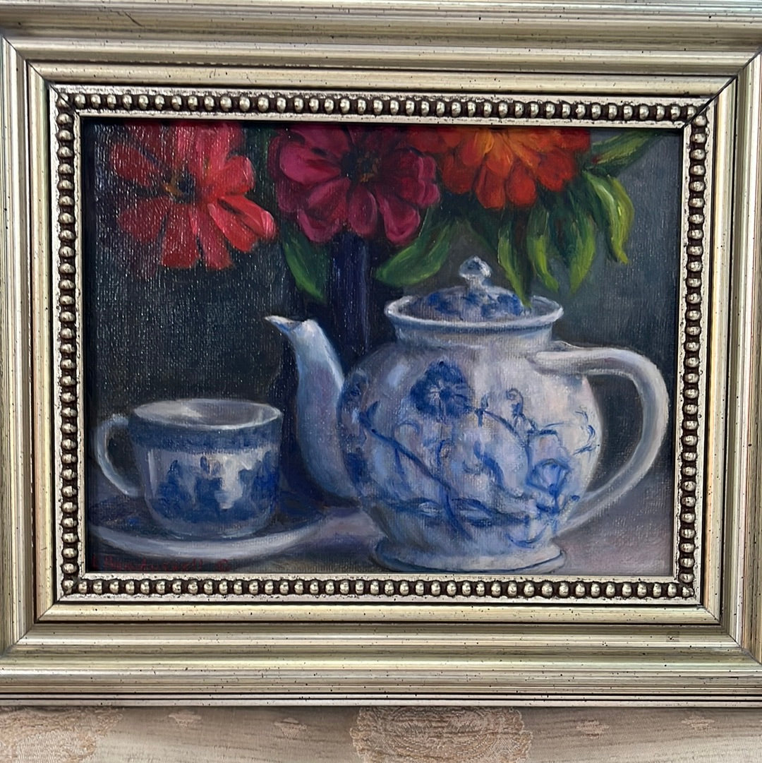 Zinnias with Blue and White by Carol Howdyshell