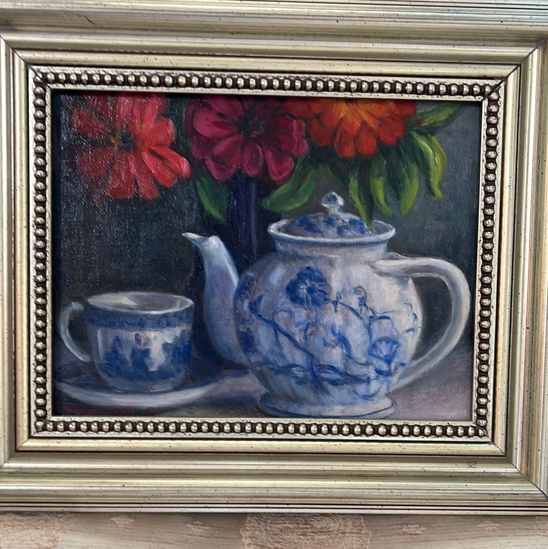 Zinnias with Blue and White by Carol Howdyshell