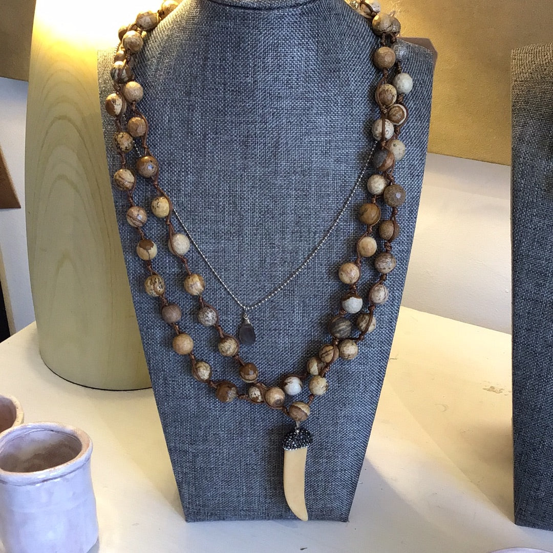 Pave Diamond detail on Tooth on Wooden Bead Necklace