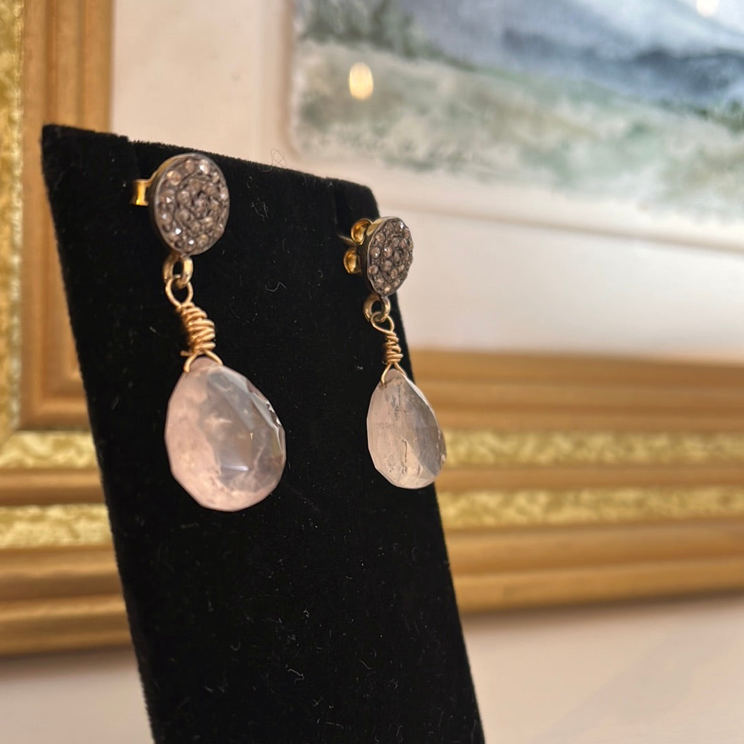 Rose Quartz Earrings with Pave Diamond Posts