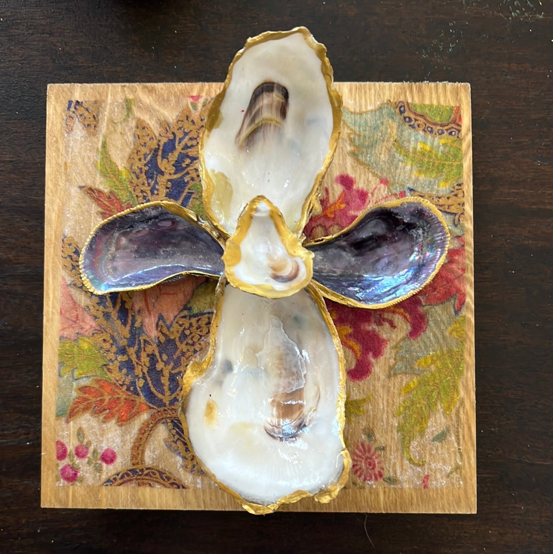 Oyster Shell Art on Square block by Lydia