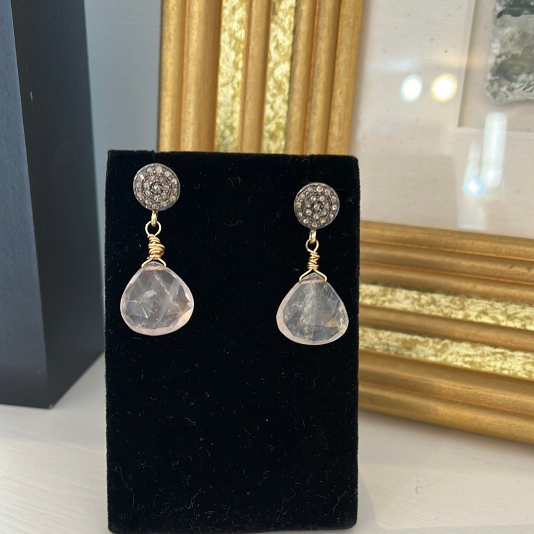 Rose Quartz Earrings with Pave Diamond Posts